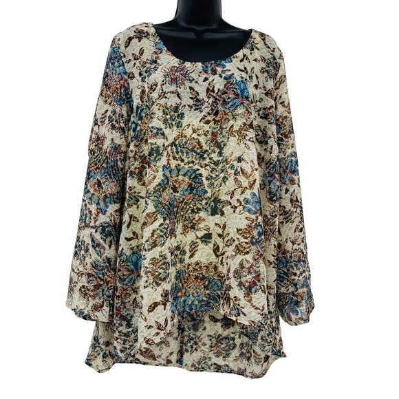 One World Floral Tunic Womens Plus Size‎ 2X Green Multi Boho Casual Sheer - Picture 1 of 9